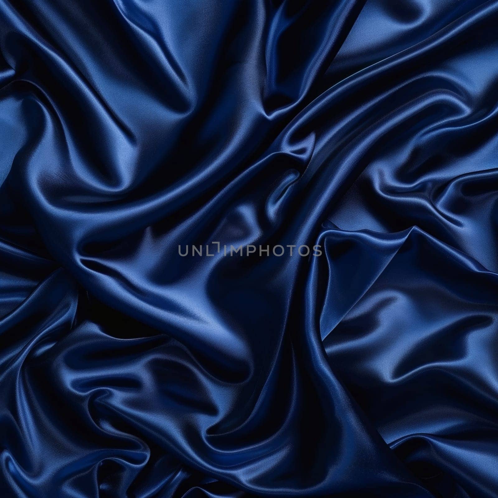 Billowing waves of indigo blue fabric have a rich, velvety texture that evokes a sense of luxury and opulence