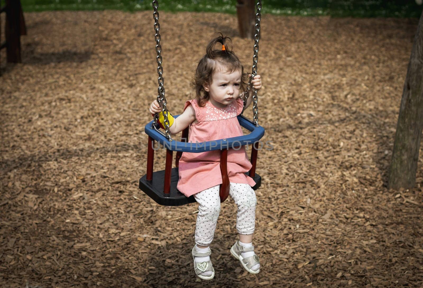 Portrait of a little girl riding on a swing. by Nataliya
