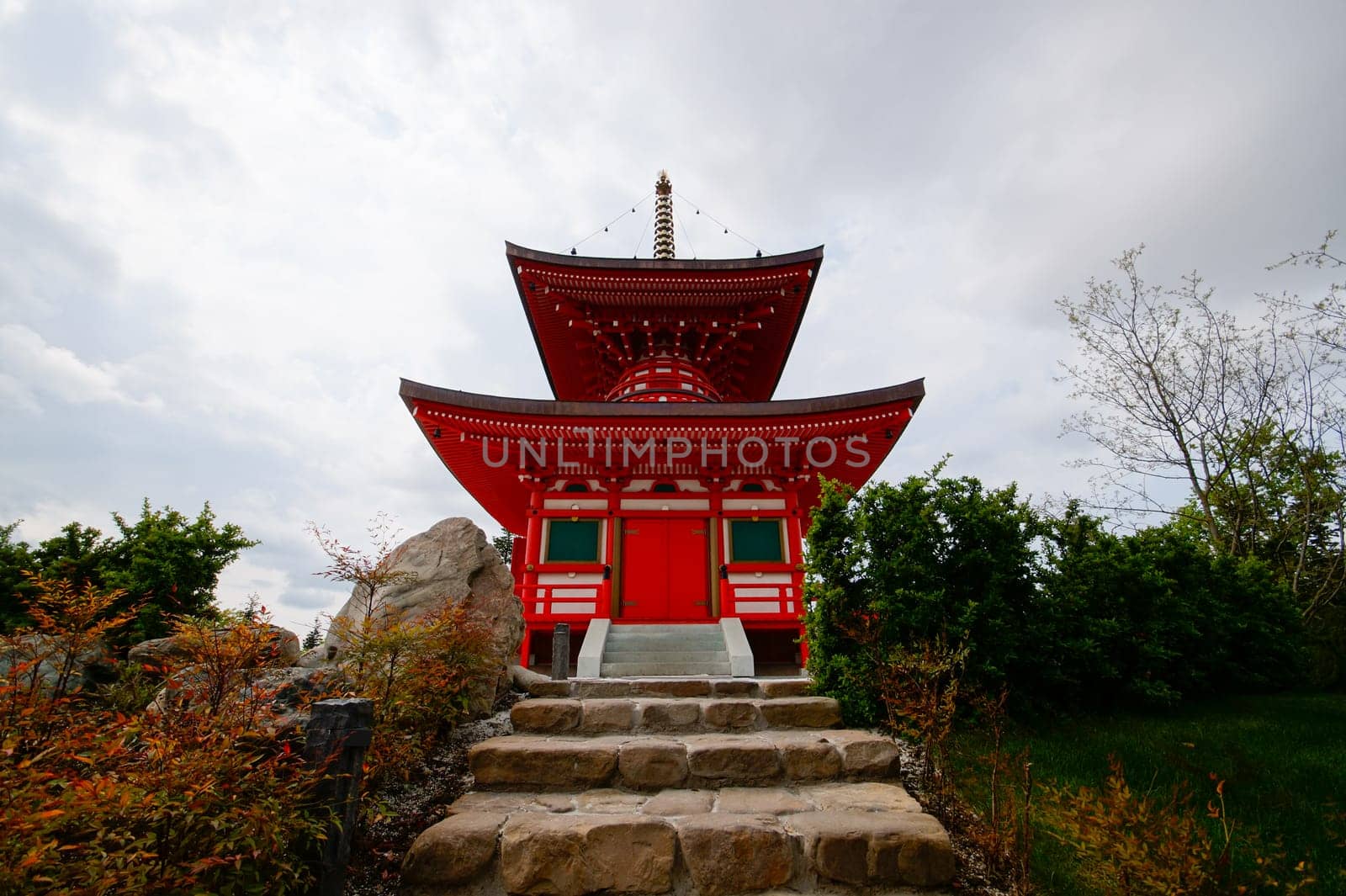 Tahoto Pagoda in the Japanese garden of the public landscape park of Krasnodar or Galician Park. Krasnodar, Russia. April 20, 2024 by Ekaterina34