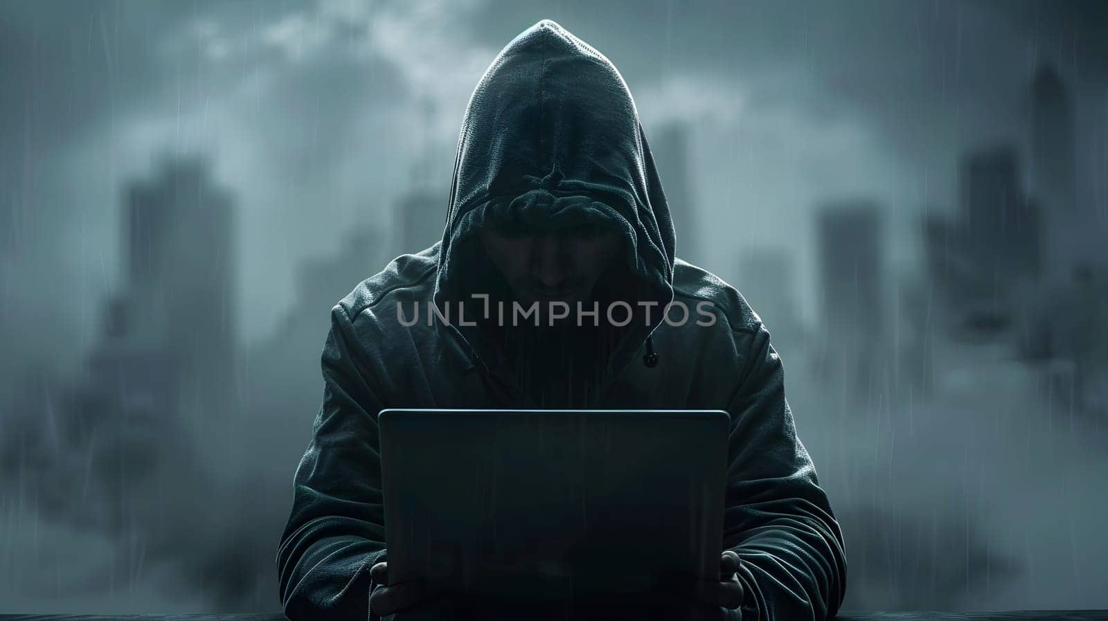 A fictional character in a hood sits in darkness in front of a laptop playing an actionadventure PC game. Their personal protective equipment reflects the glow of the screen