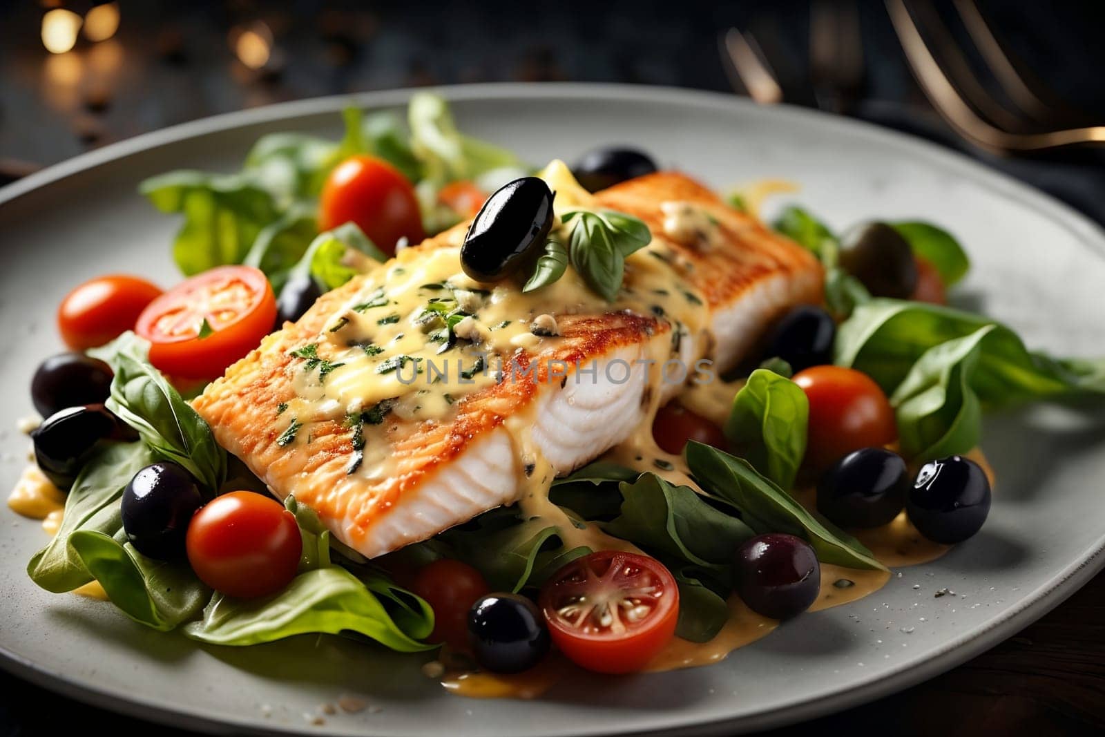 baked fish with cheese and spices, with vegetables in a plate.