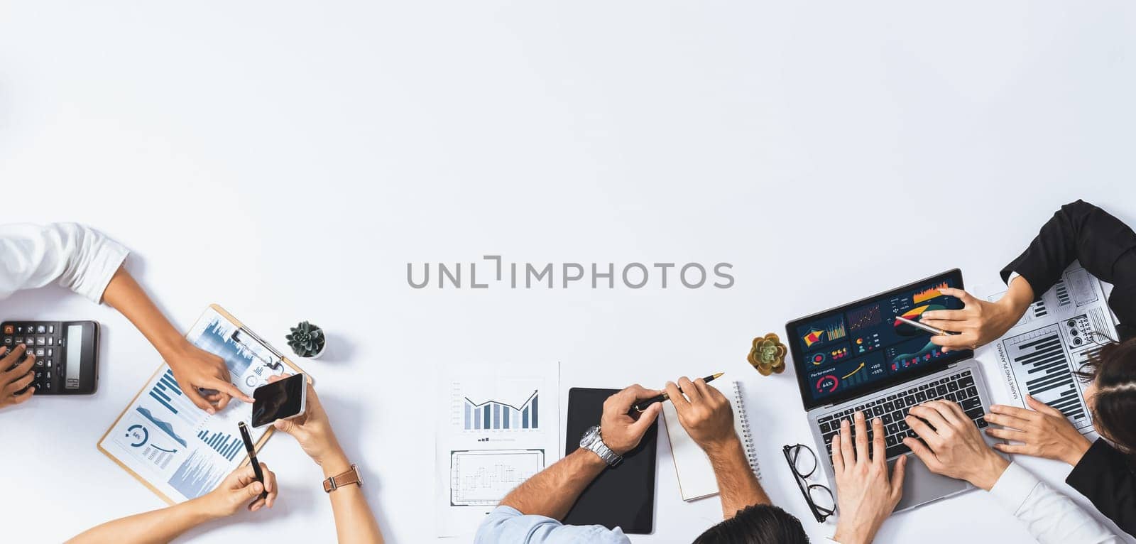 Group of office worker and businesspeople working on business financial data analysis. Empty space with editable blank background meeting table for customer design. Prudent