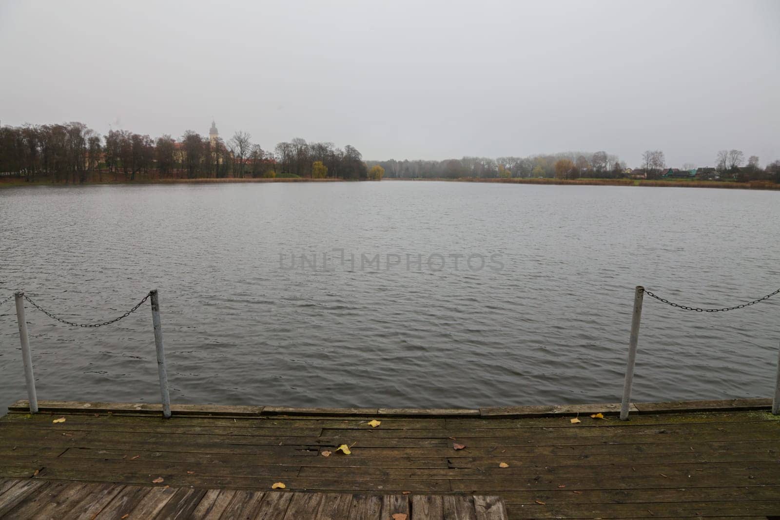 Rustic pier against the background of the lake and forest in cloudy weather. by gelog67
