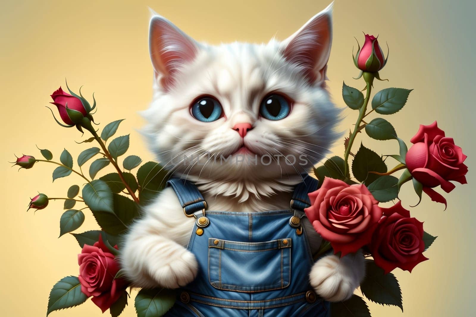 cute cat with a bouquet of roses .