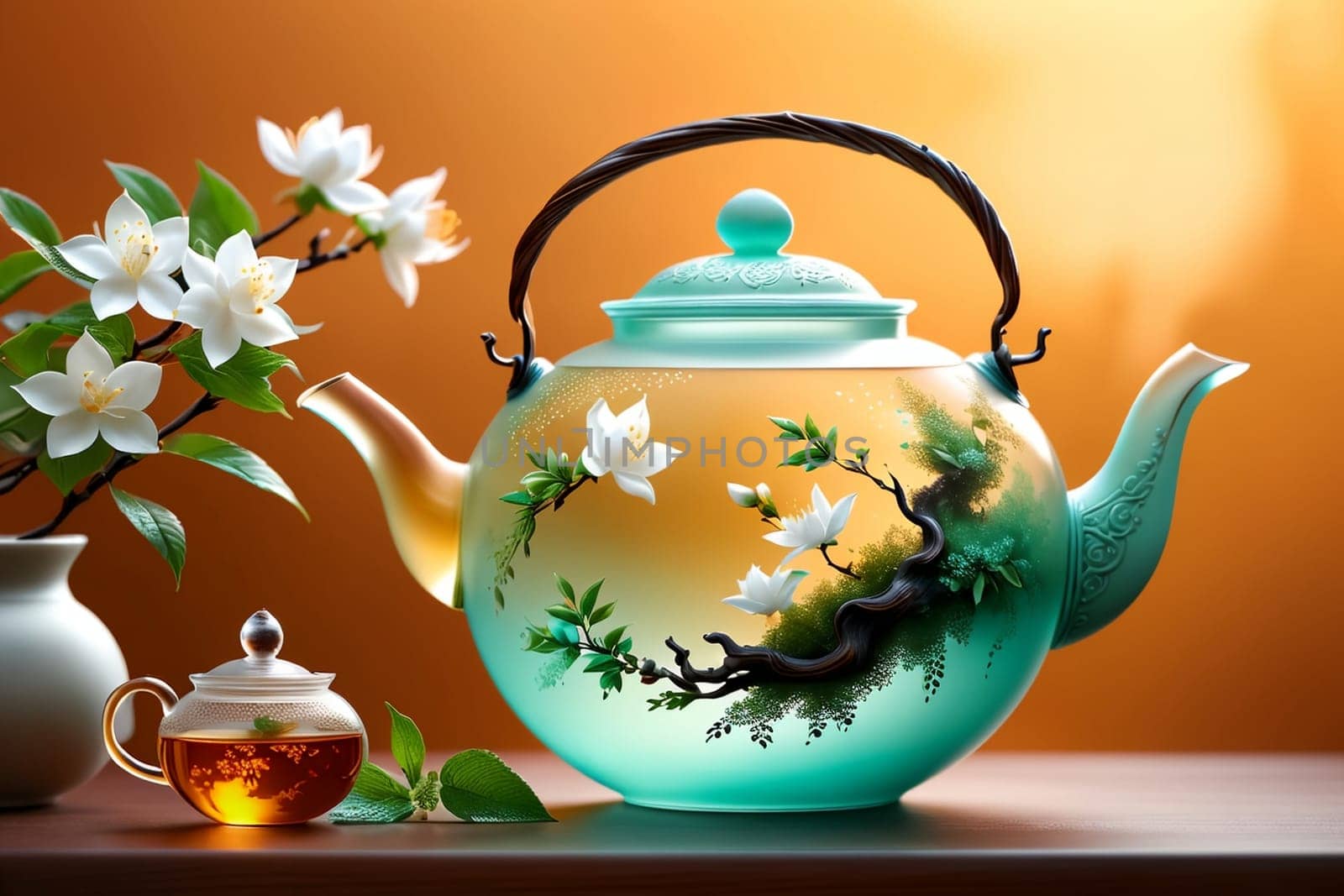 healing aromatic tea with jasmine in a glass teapot .