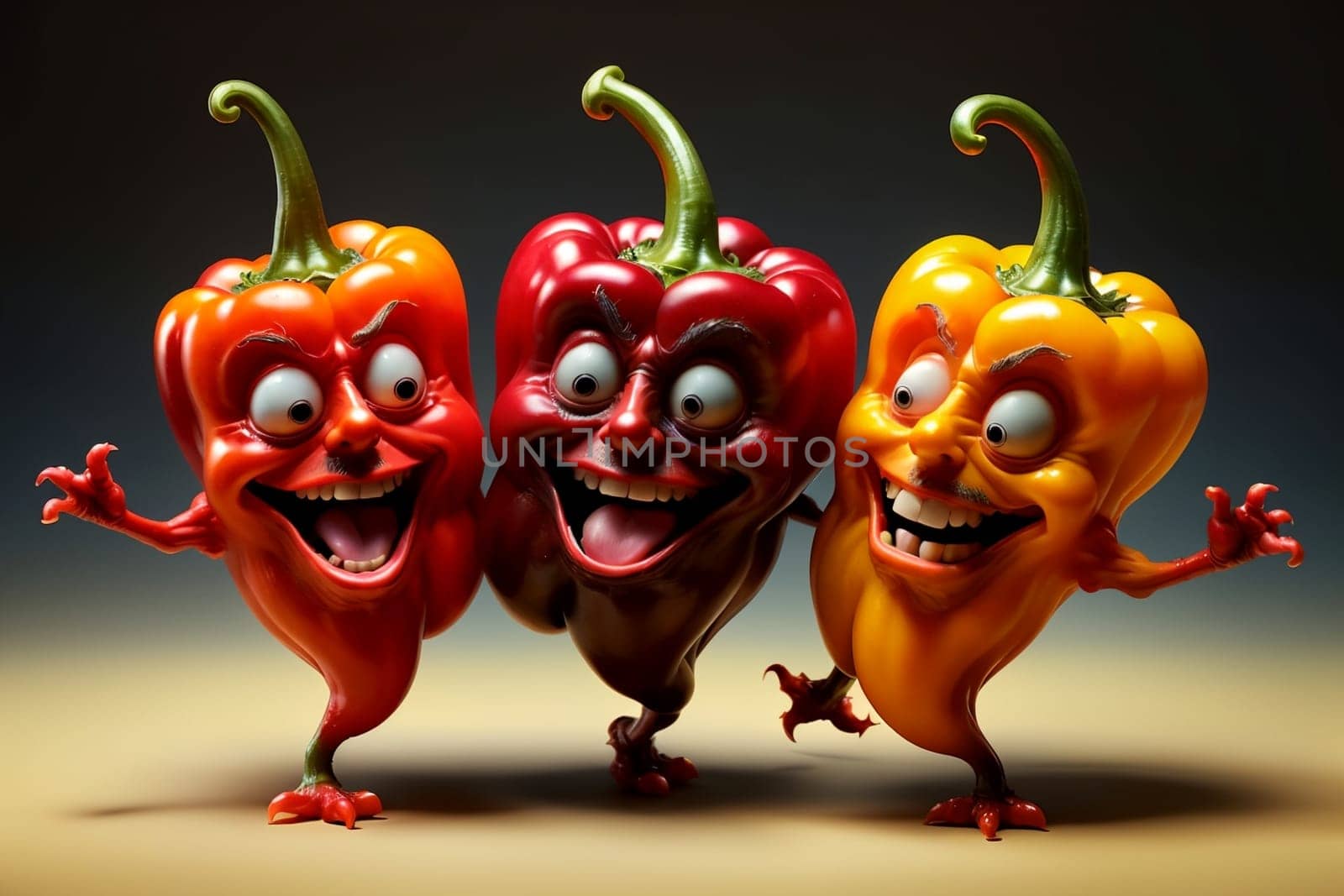 cheerful red hot peppers dancing and singing .