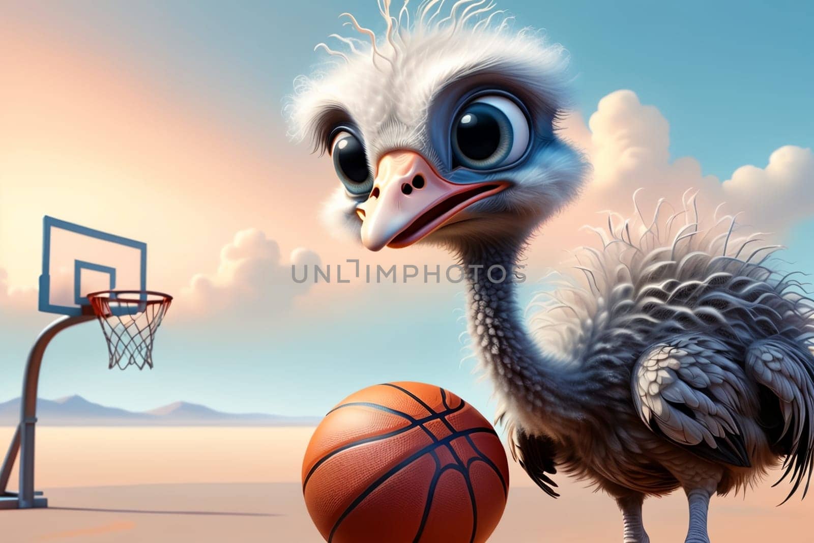 cute sporty happy ostrich playing basketball .