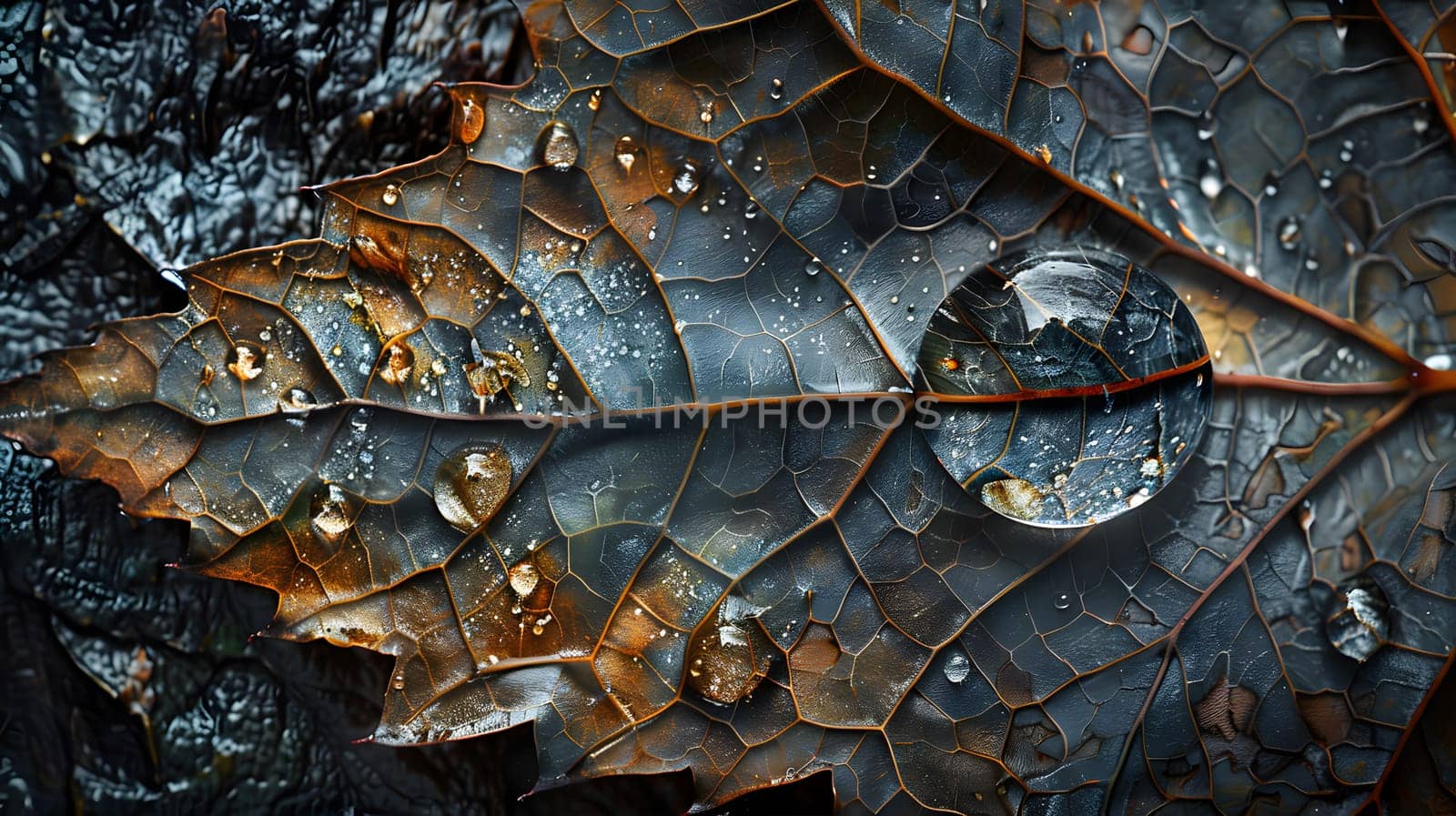 A close up of a leaf with water drops on it, resembling reptile scales. The image captures the beauty of nature, showcasing the intricate details of a terrestrial animals habitat