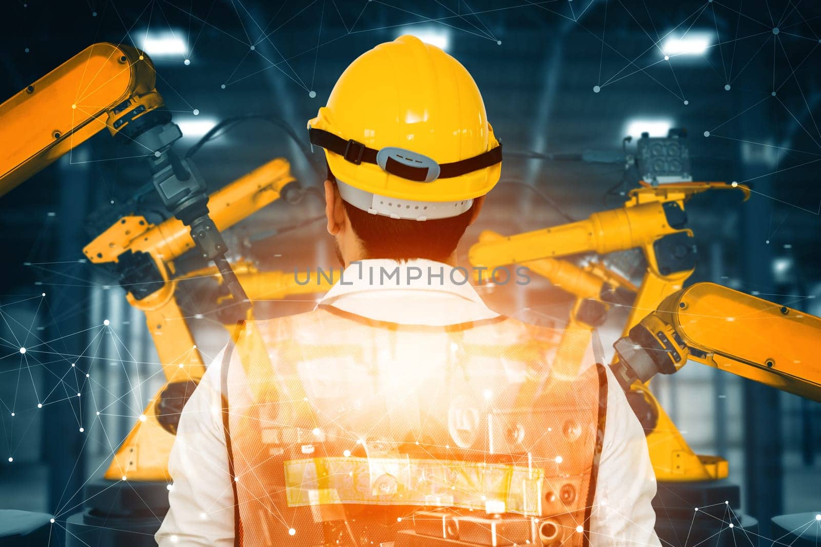 MLB Mechanized industry robot arm and factory worker double exposure by biancoblue