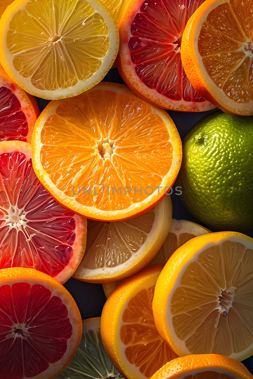 Various citrus fruits such as Valencia oranges, Rangpur, and Clementines are neatly stacked on a table. The colorful fruits add freshness and vibrancy to the table setting