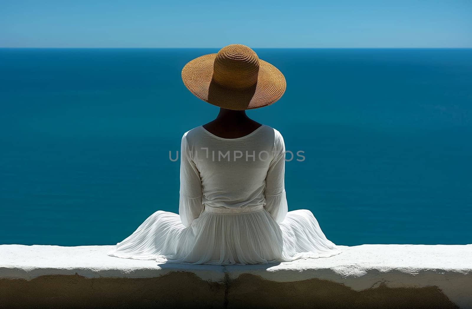 Black woman sitting by the sea, dressed in white, looking at a horizon with deep blue water.