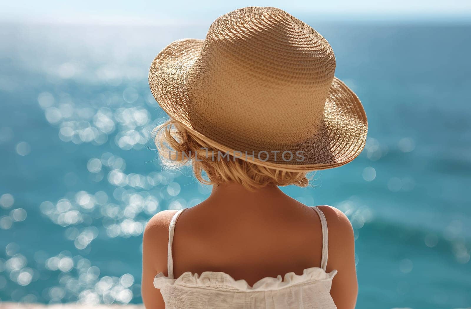 Woman in straw hat overlooking the sea on a sunny day. by Hype2art
