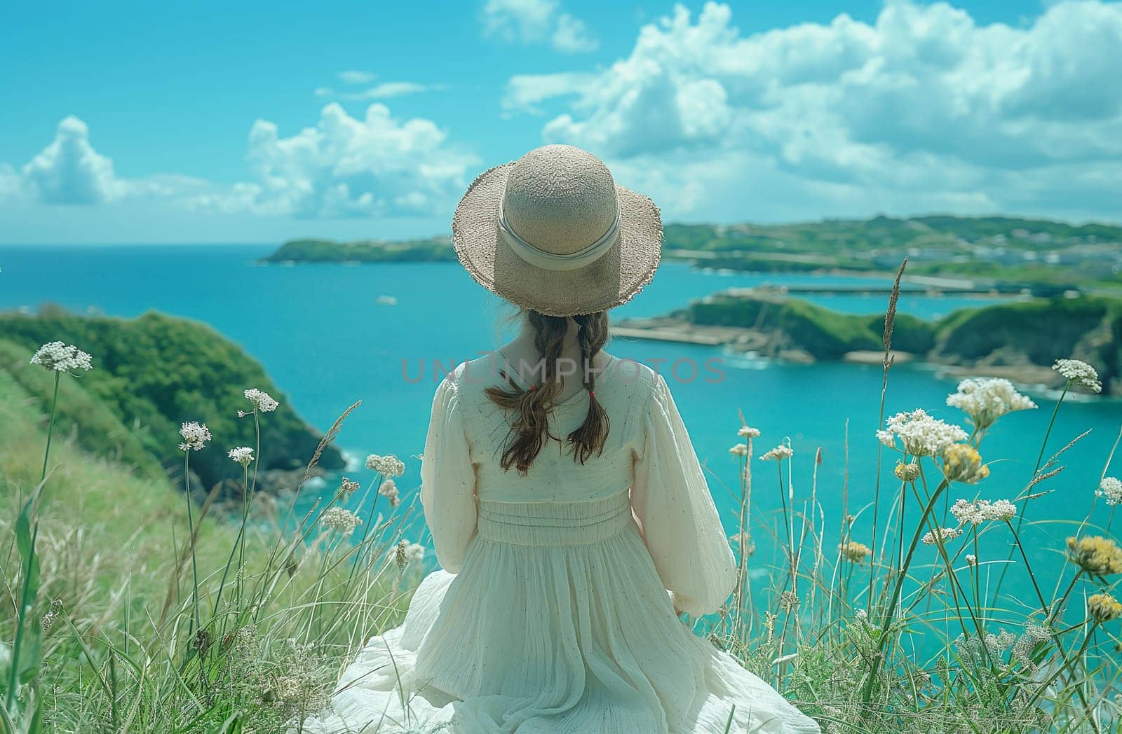 Woman in white dress and hat enjoying serene coastal view by Hype2art
