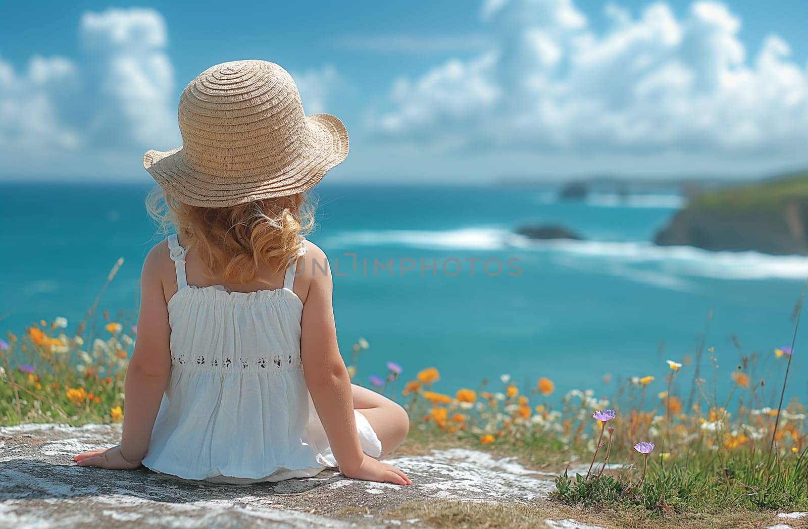 Child in sunhat enjoying a scenic coastal view