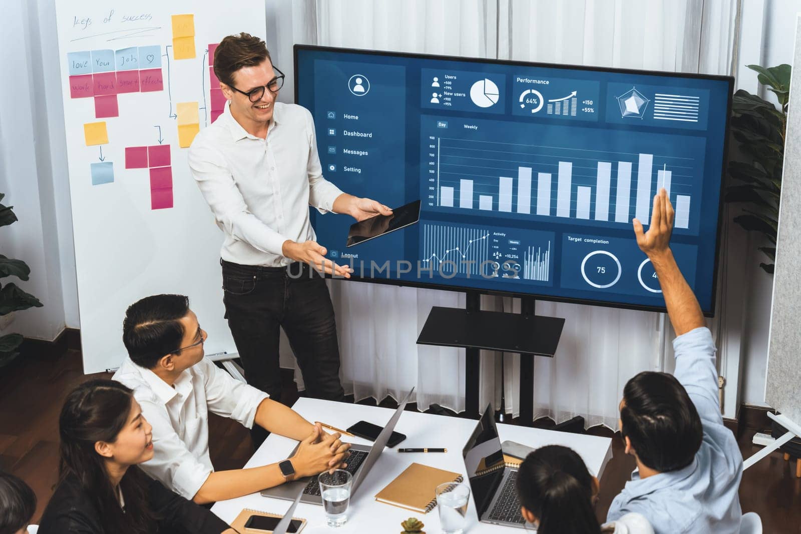 Presentation in office or meeting room with analyst team utilizing BI Fintech to analyze financial data. Businesspeople analyzing BI dashboard power display on TV screen for strategic planning.Prudent