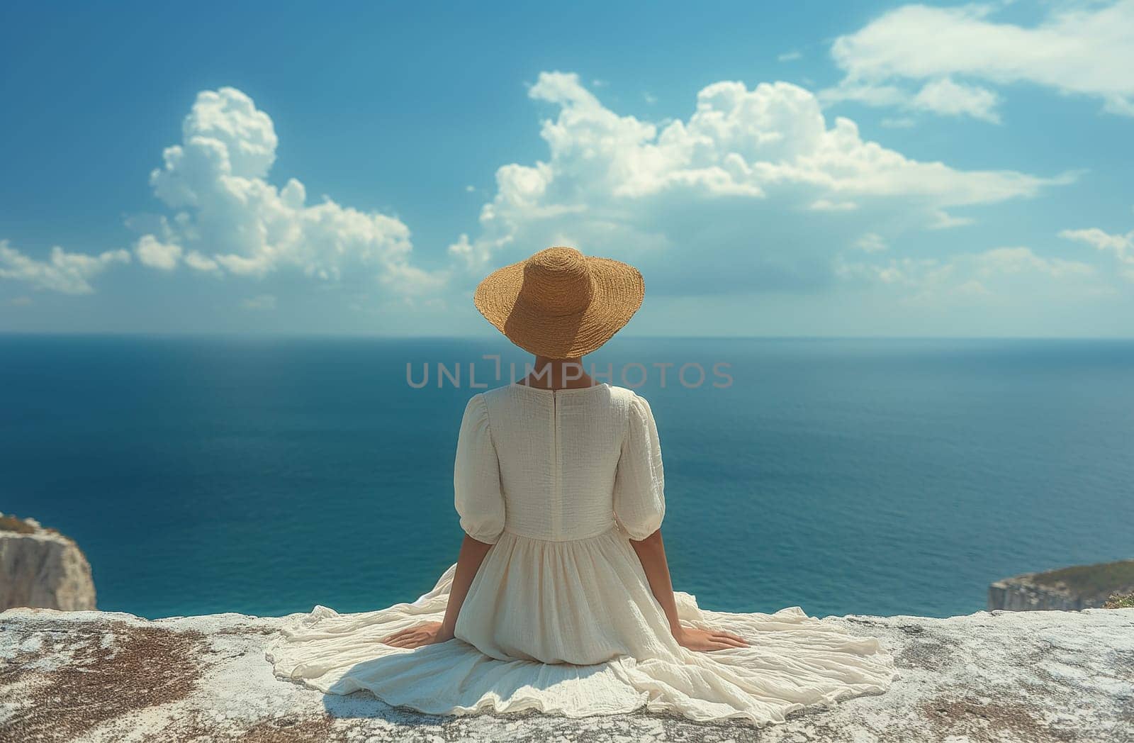 Woman enjoying a serene beach view while wearing a sun hat and white dress by Hype2art