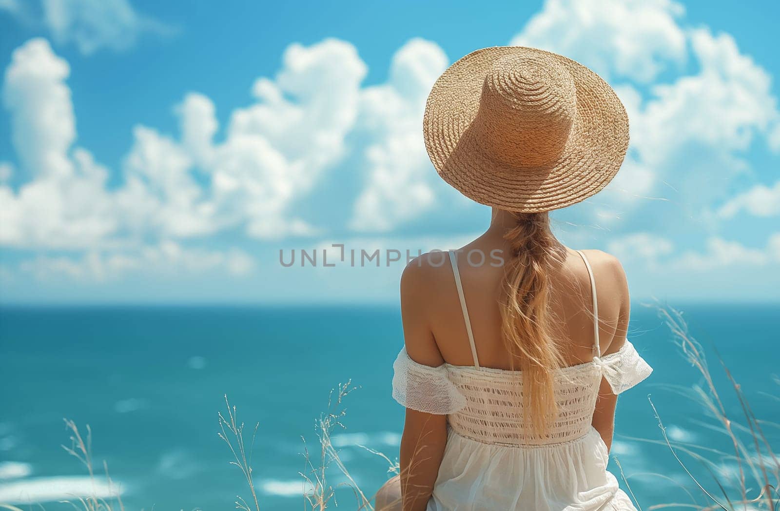 Woman enjoying a serene beach view while wearing a sun hat and white dress by Hype2art