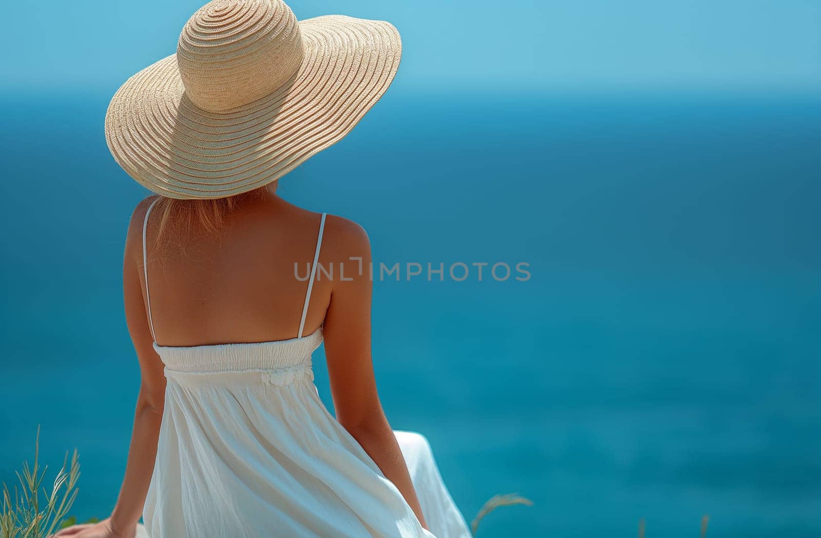 Woman in straw hat overlooking the sea on a sunny day.