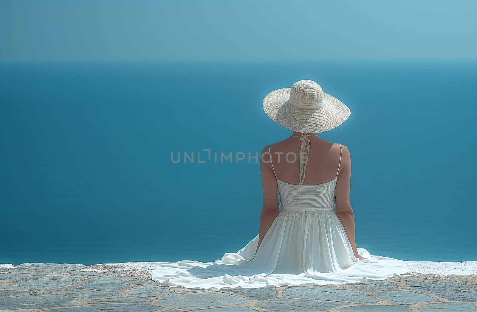 Woman in straw hat overlooking the sea on a sunny day.