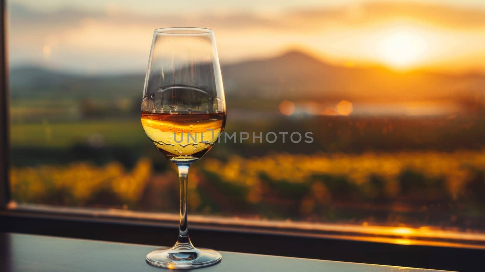 A glass of a wine is sitting on the table in front of an orange sunset