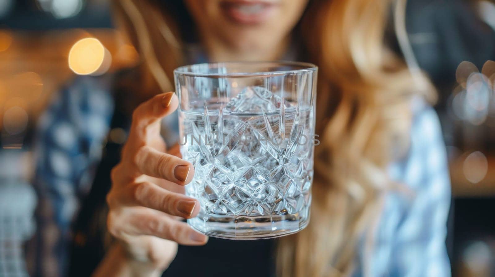 A woman holding a glass of water in her hand