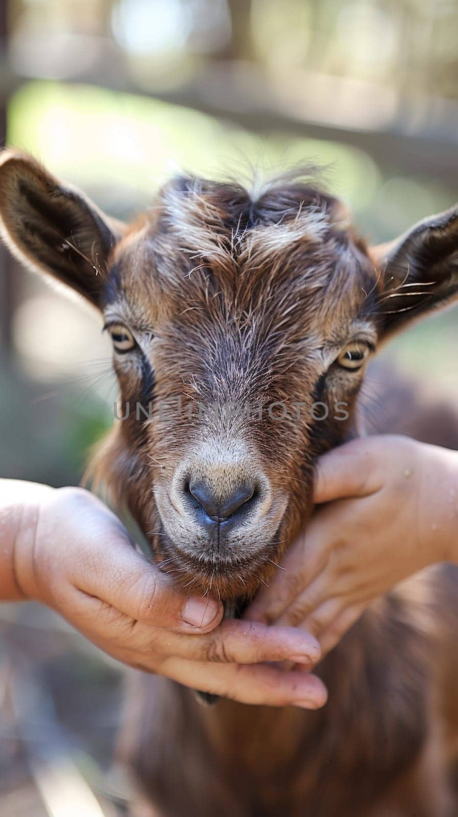 A small brown goat being held by two people in a field