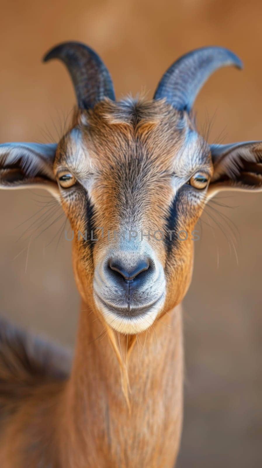 A goat with long horns and a brown face looking at the camera