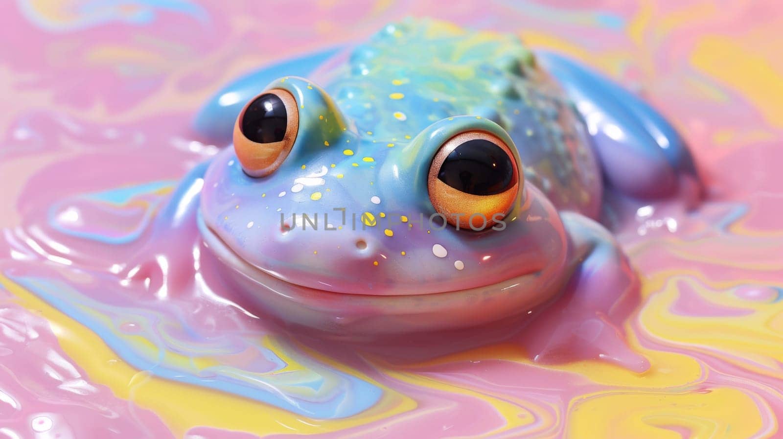A frog sitting on a colorful liquid with eyes and mouth open