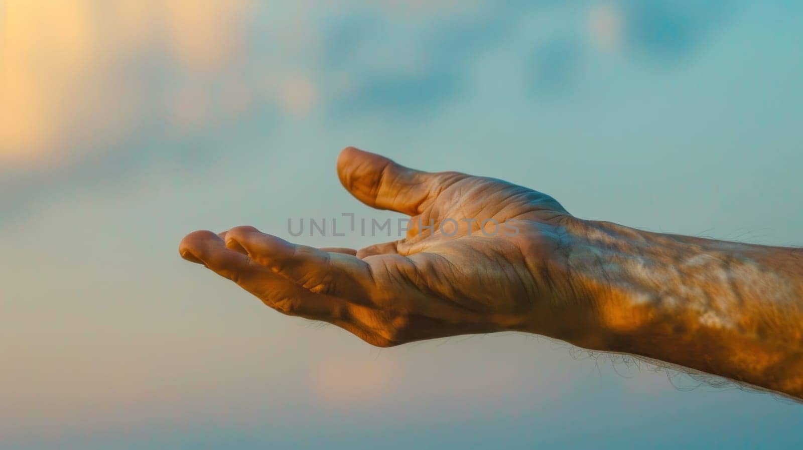 A man reaching out to the sky with his hand