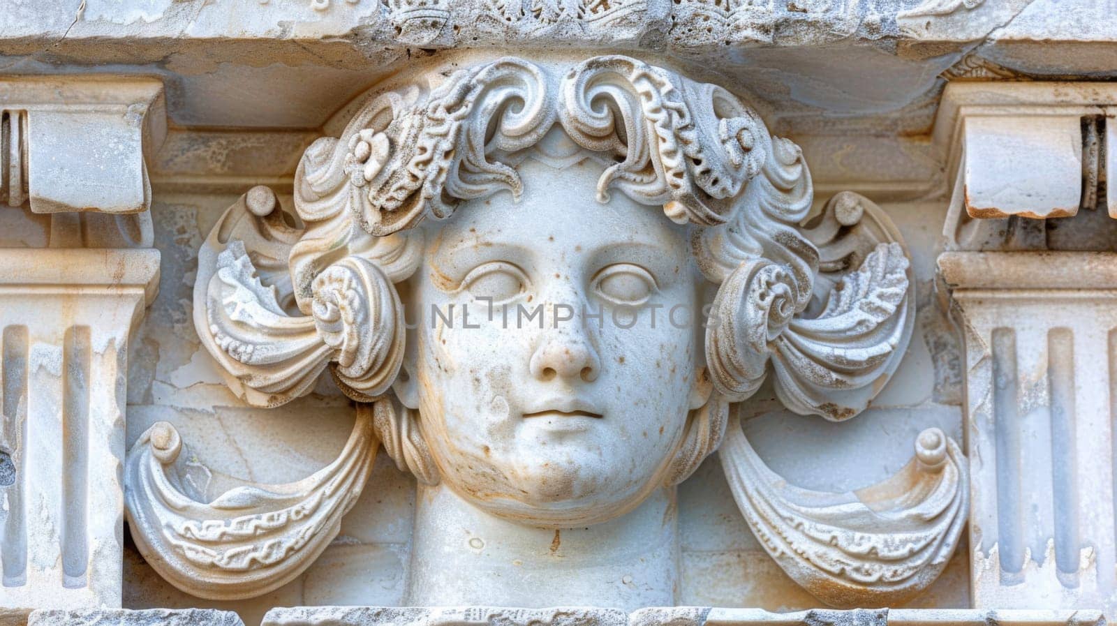 A close up of a stone head on the side of an old building