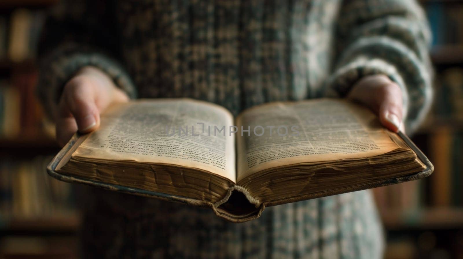 A person holding an open book in front of a bookshelf