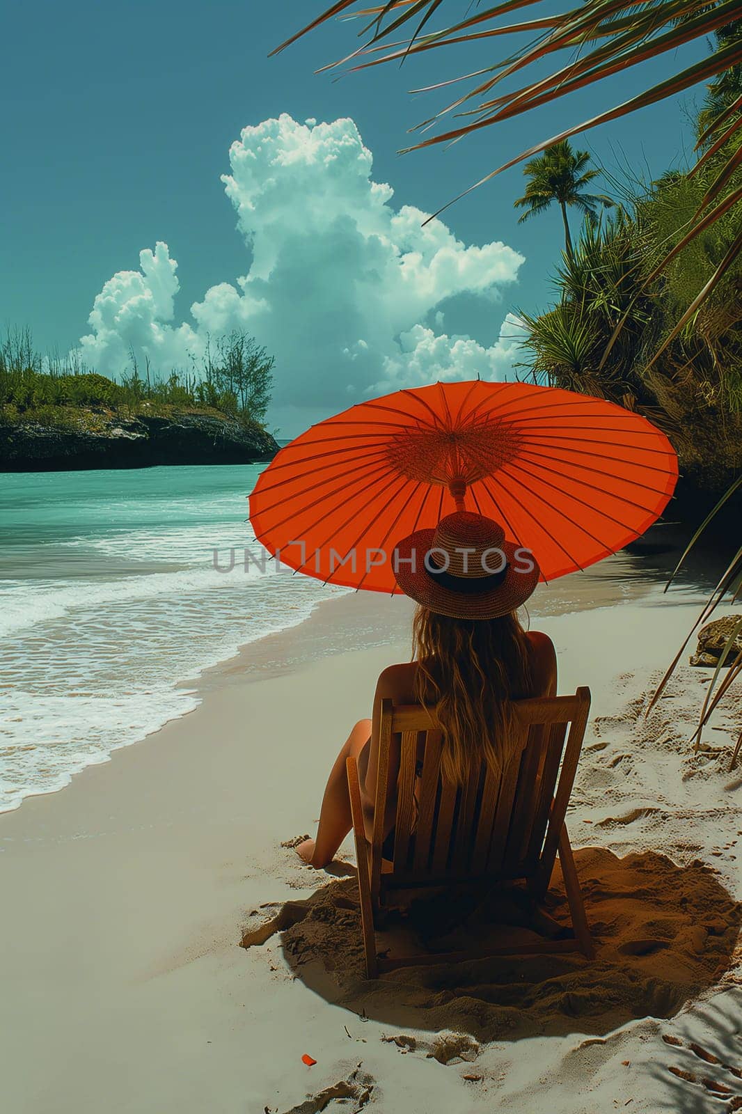 A person sits under a vibrant orange umbrella on a serene beach, gazing at the sky.