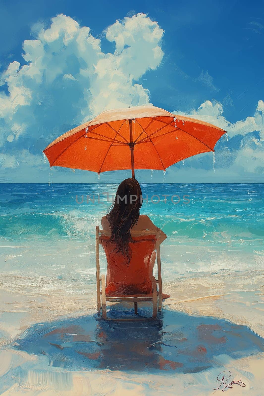 A person relaxes under an orange umbrella by a serene blue ocean with white clouds above.