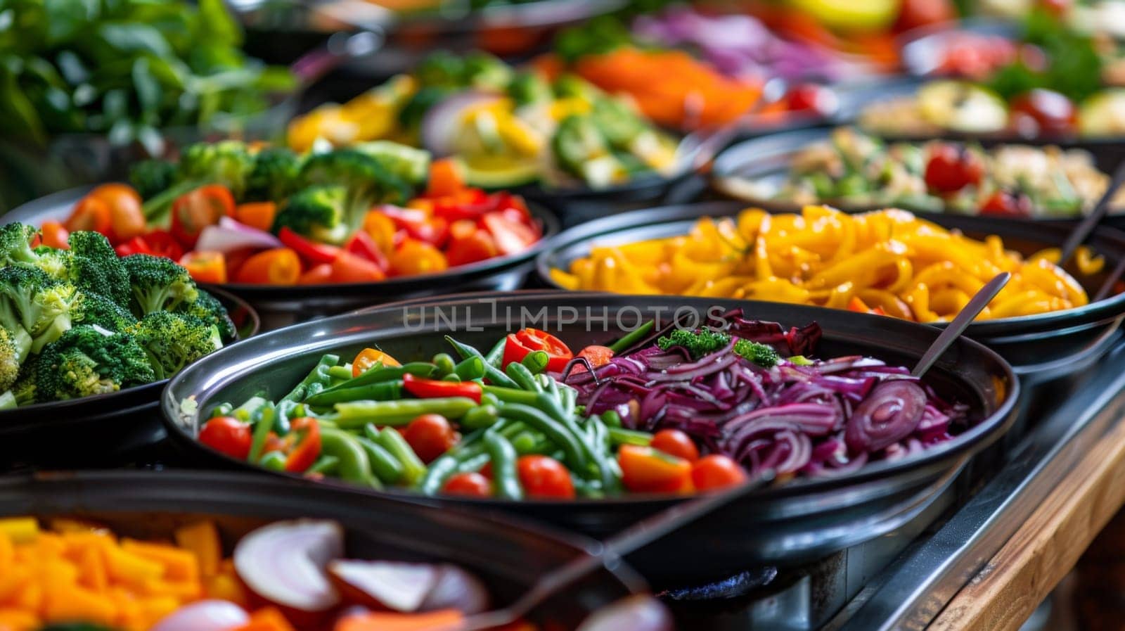 A buffet of a variety of vegetables and fruits in bowls