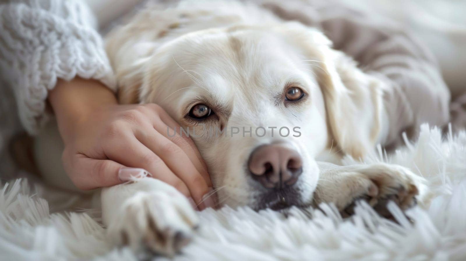 A white dog laying on a blanket with its owner's hand