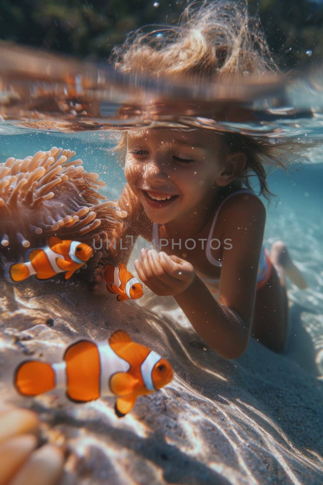 A little girl playing with clown fish in the ocean