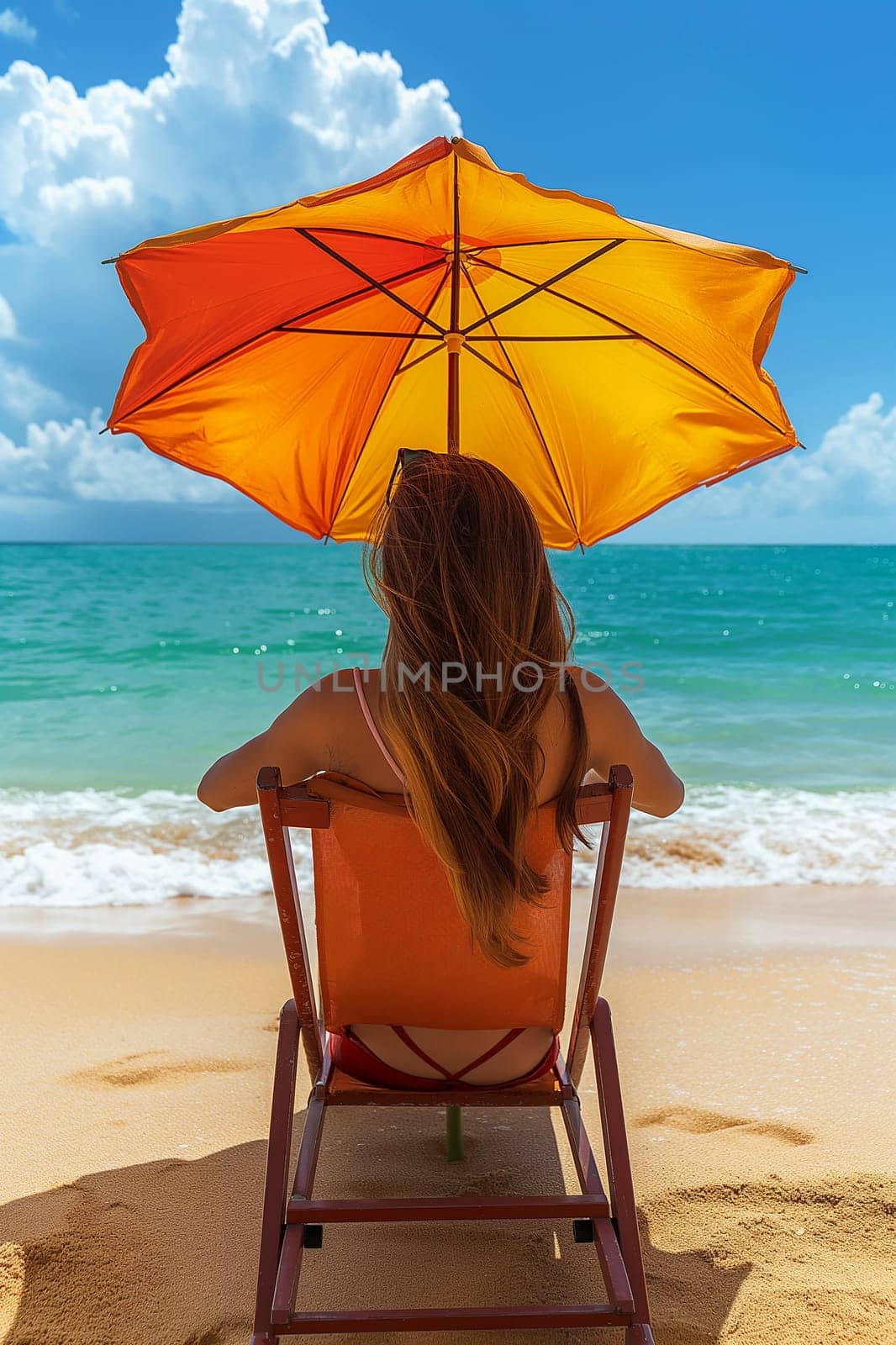 A woman relaxes under an umbrella on a sandy beach facing the ocean.