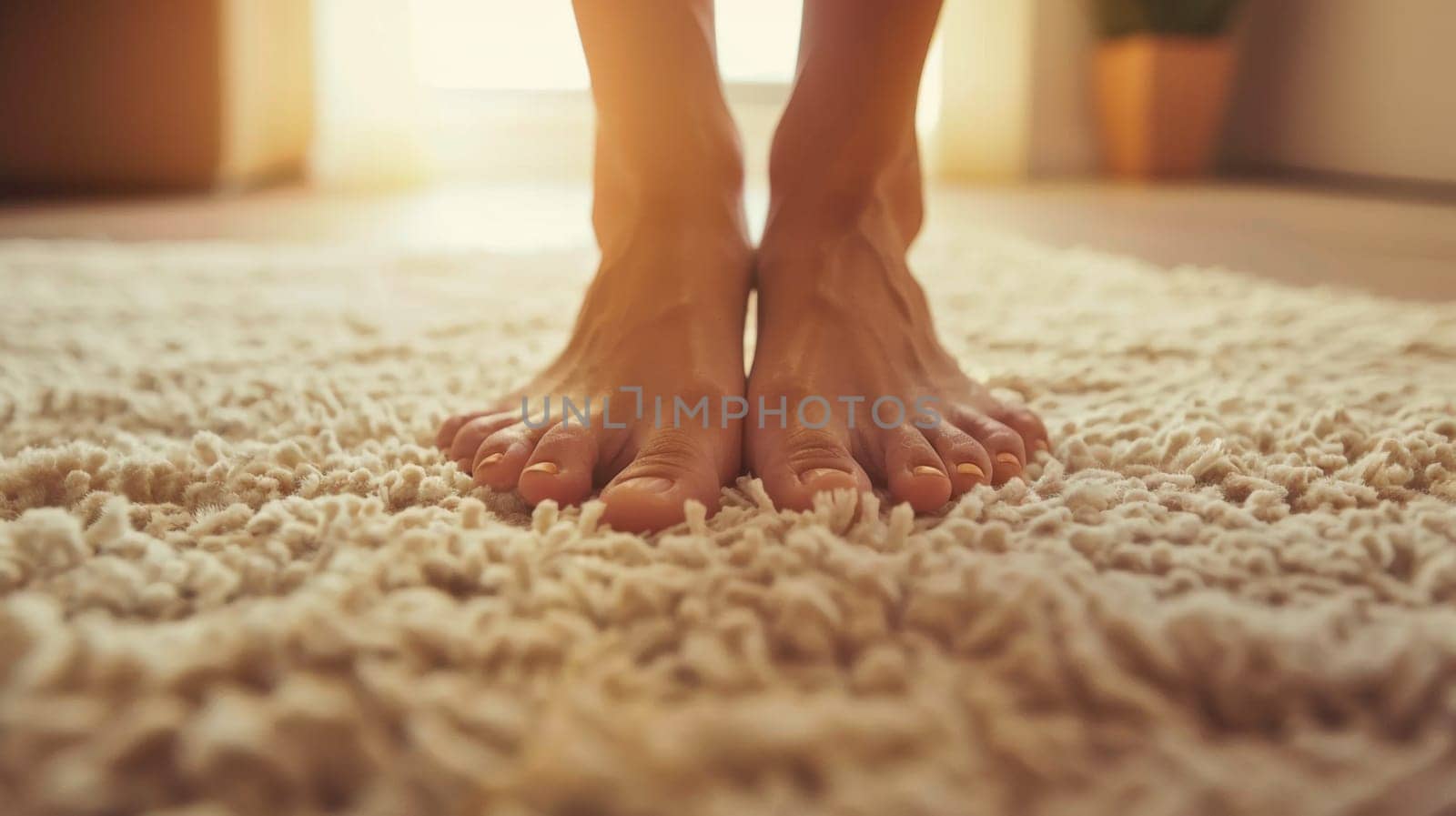 A person's bare feet are on a rug in the middle of their home