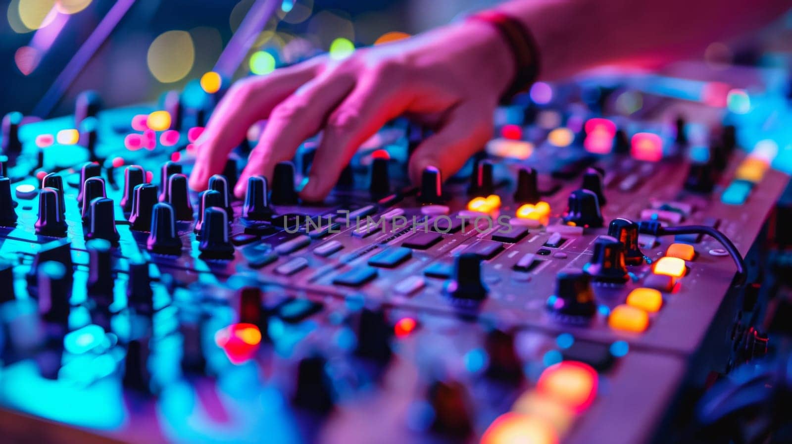 A person's hands are on a mixer with colorful lights