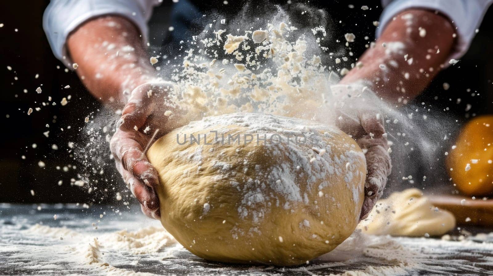 A person is making a dough ball with flour and water