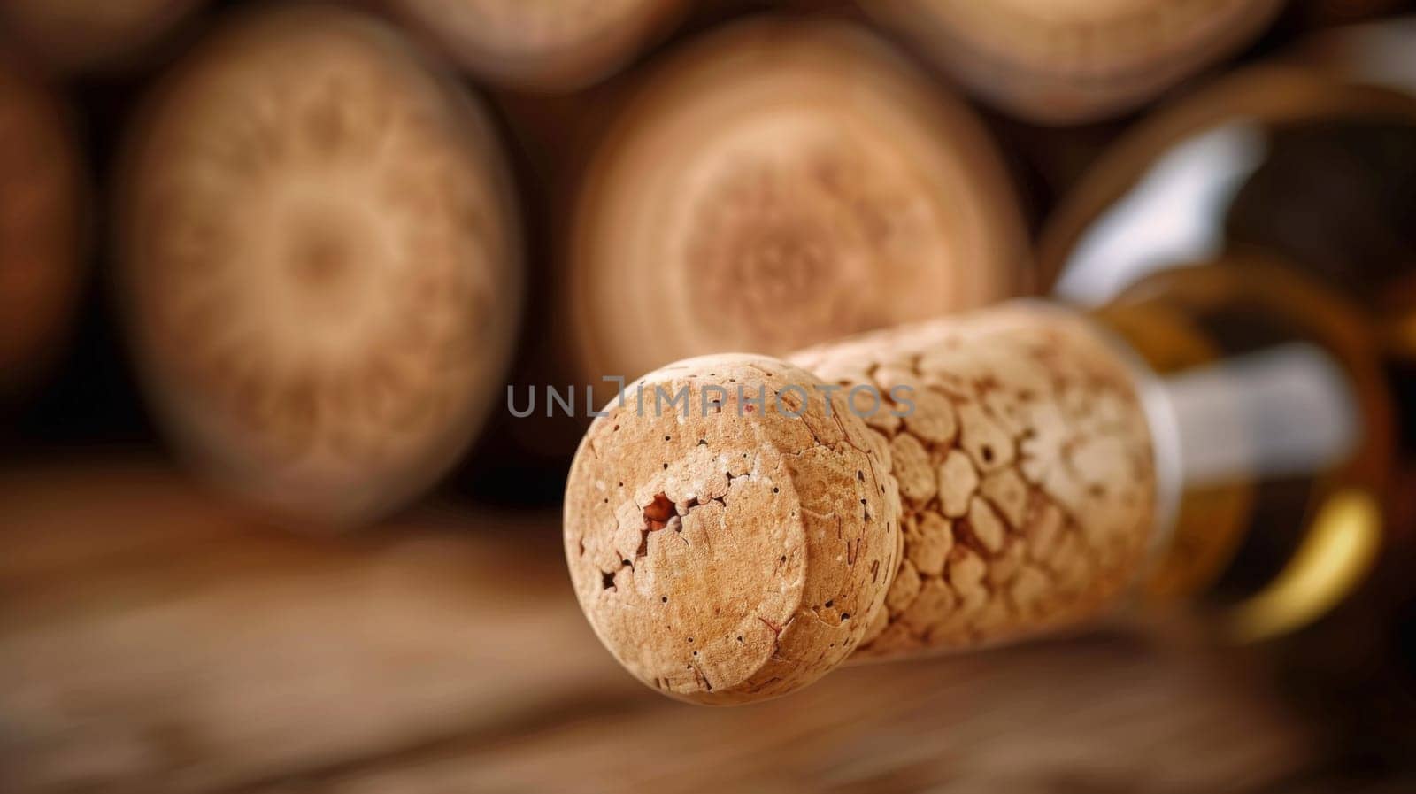 A close up of a bottle cork with wine corks stacked on top, AI by starush