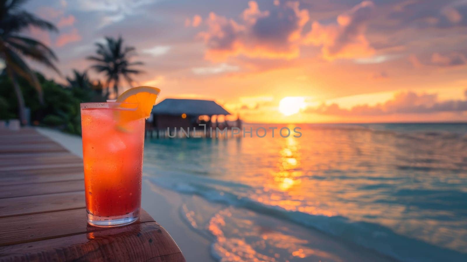 A drink is sitting on a wooden table next to the ocean