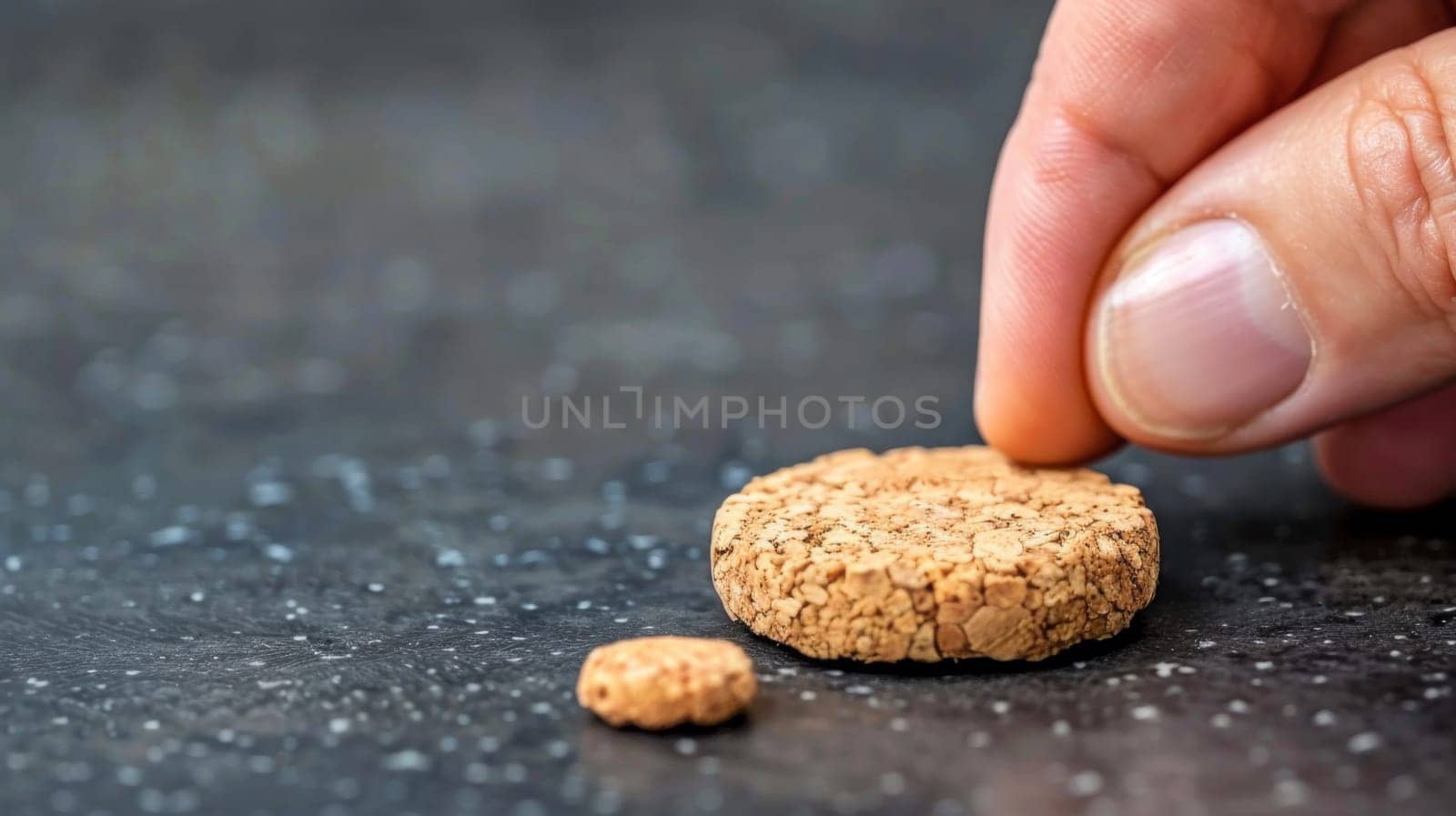 A person is holding a piece of cork on top of another