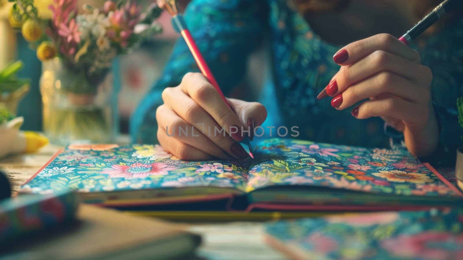 A woman holding a pencil and writing on an open book, AI by starush