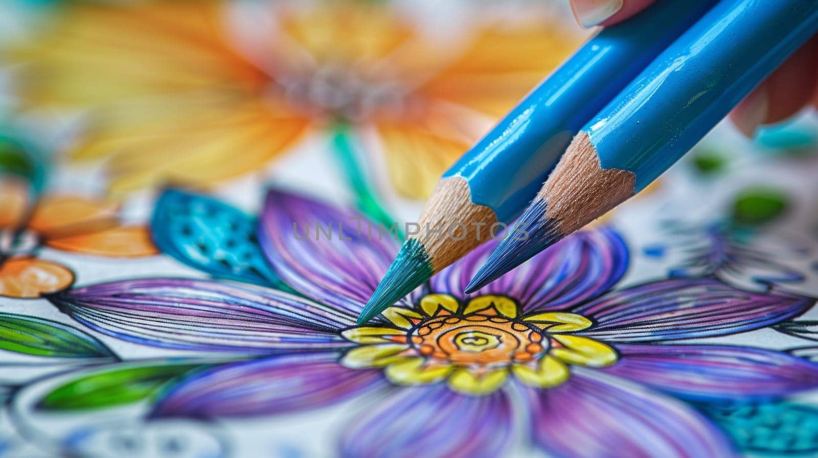 A close up of a person holding two colored pencils over an intricate flower, AI by starush