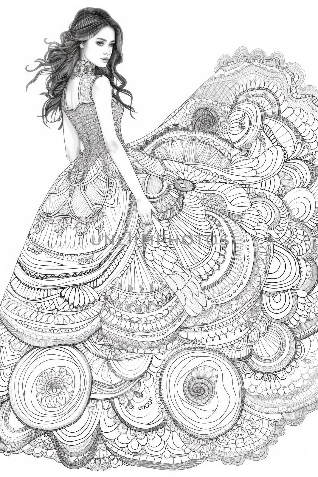 A woman in a dress with intricate patterns on it