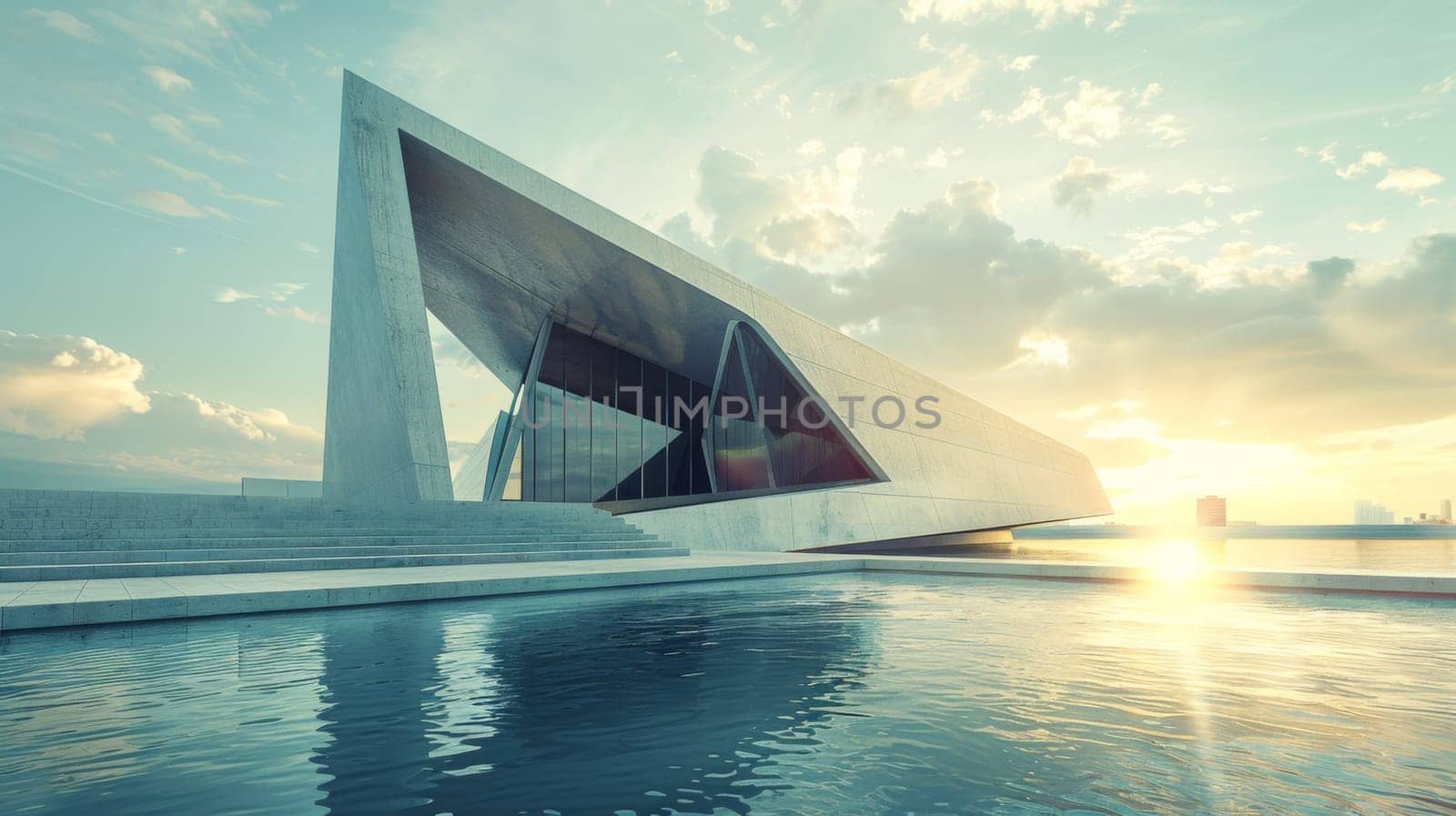 A building with a large triangular roof and water in front of it, AI by starush