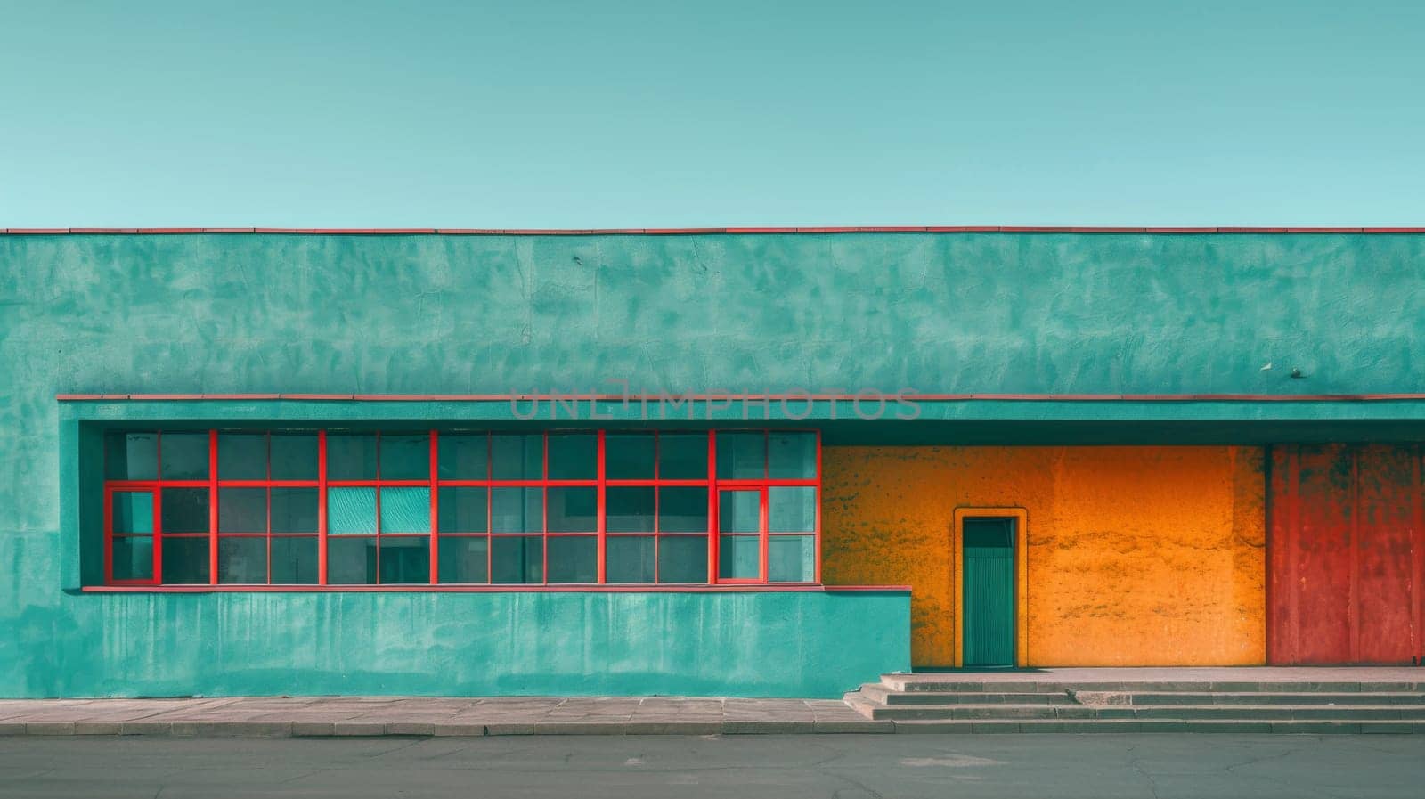 A fire hydrant is in front of a building with windows, AI by starush