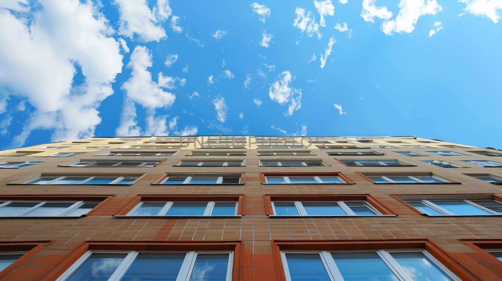 A view of a tall building with many windows and blue sky