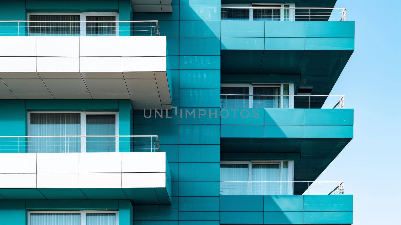 A tall building with balconies and windows in a blue color